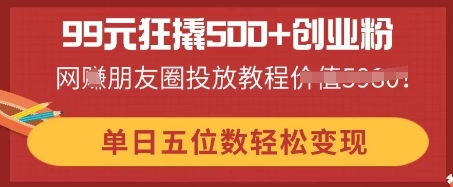 99元狂撬500+创业粉，单日五位数轻松变现，网创朋友圈投放教程-青年云网创—高质量项目商城